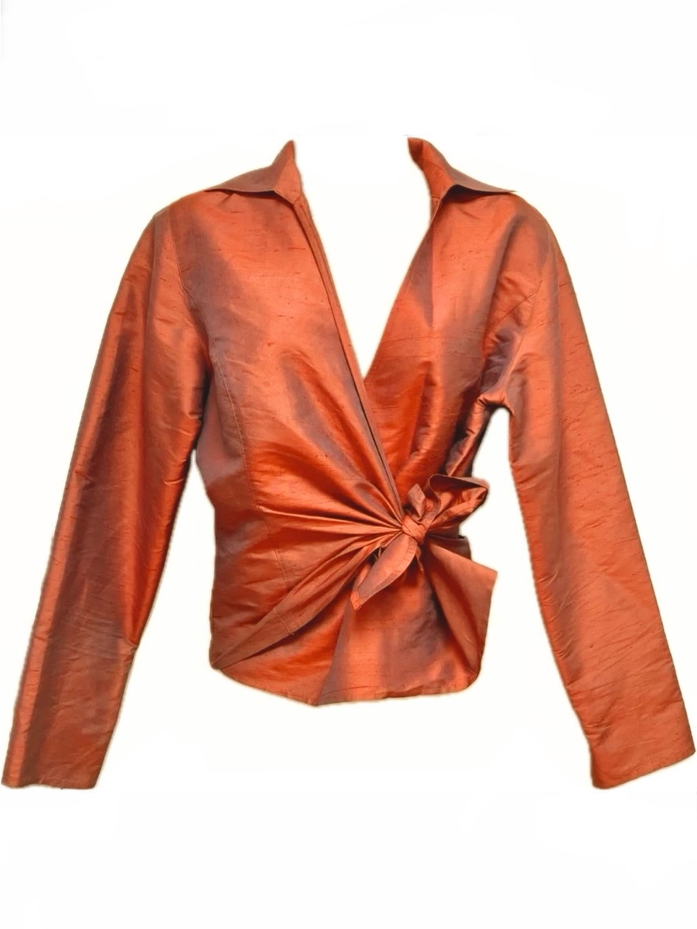 Ann Taylor Dupioni Silk Rust Orange Wrap Blouse with Side Tie, 8 - Picture 1 of 14